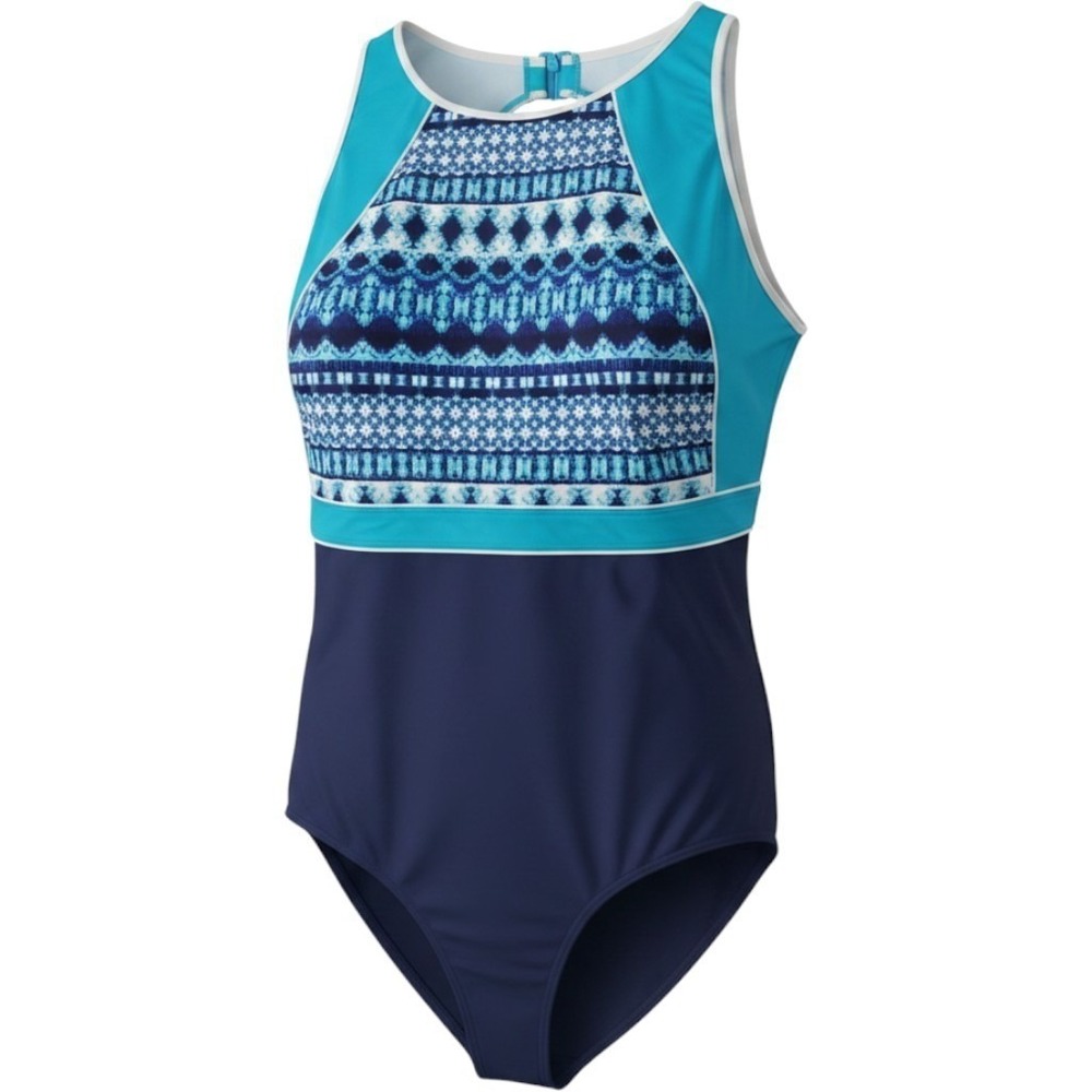 Lands End One Piece Swimsuit Women 26DDD Blue Ikat High Neck Bathing New